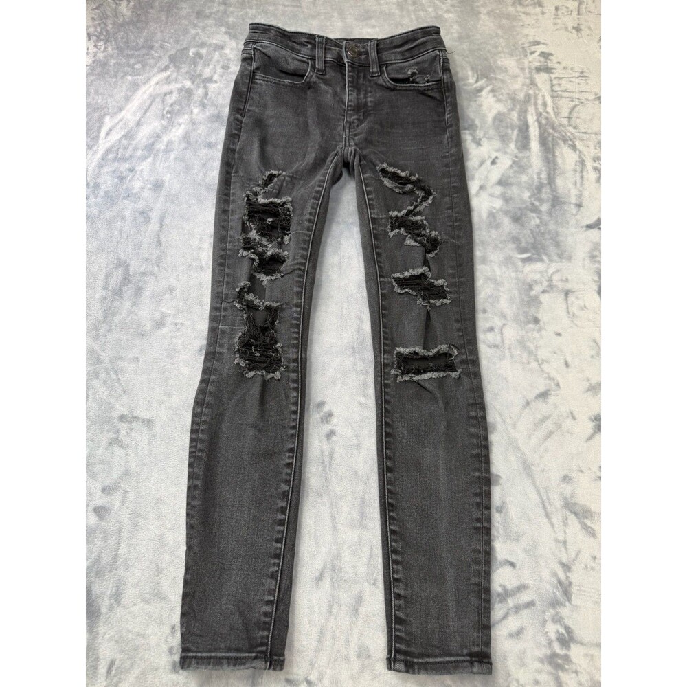 American Eagle Black Next Level Stretch Slim Jeans Womens 00 Short Distressed
